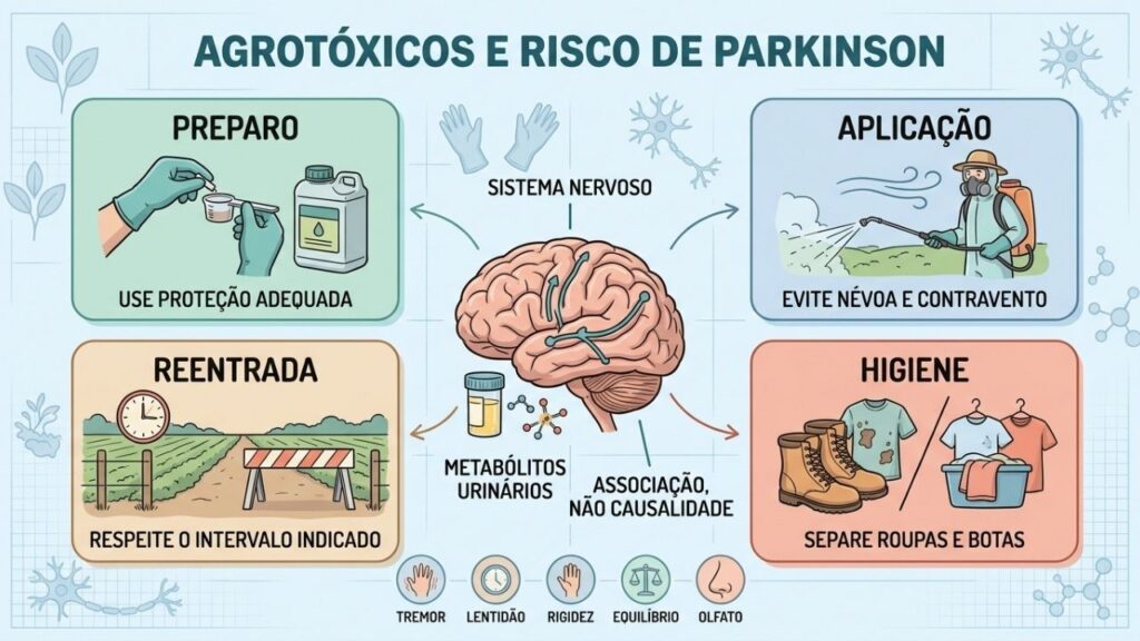 Preparo, aplicação, reentrada e higiene reduzem a exposição ocupacional a agrotóxicos.