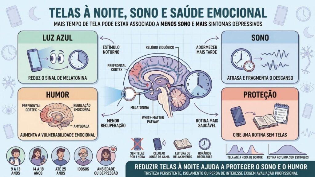 Luz azul, sono fragmentado, humor e rotina formam o ciclo noturno.