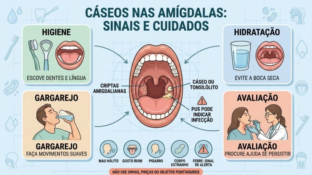 Higiene, hidratação, gargarejos suaves e avaliação ajudam a controlar os cáseos.