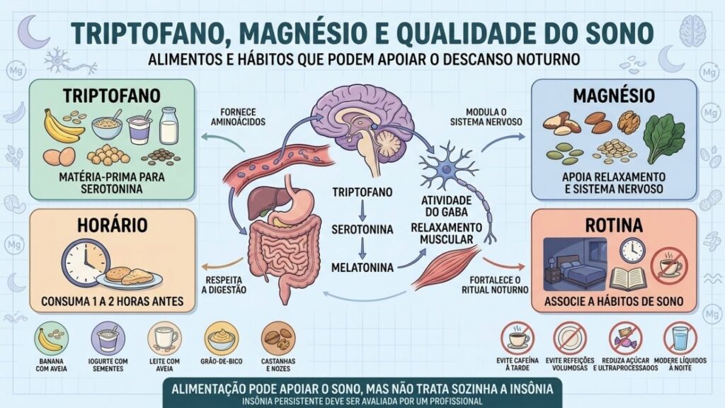 Triptofano, magnésio, horário adequado e rotina noturna podem favorecer o descanso.