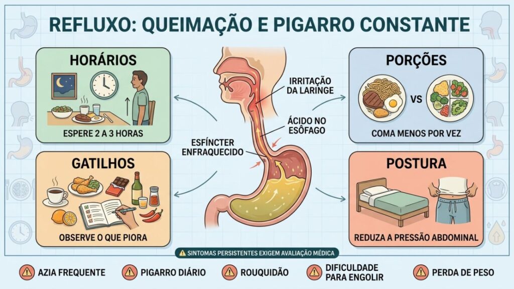 Porções, horários, gatilhos e postura ajudam a reduzir o refluxo.