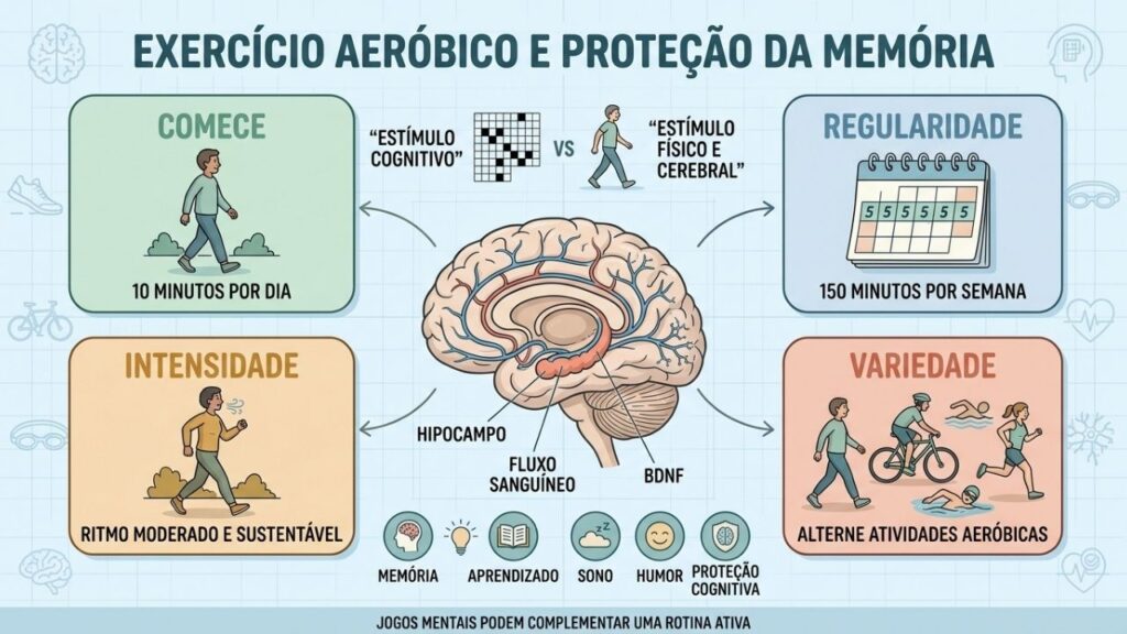 Regularidade, intensidade e variedade fortalecem hipocampo, concentração e memória.