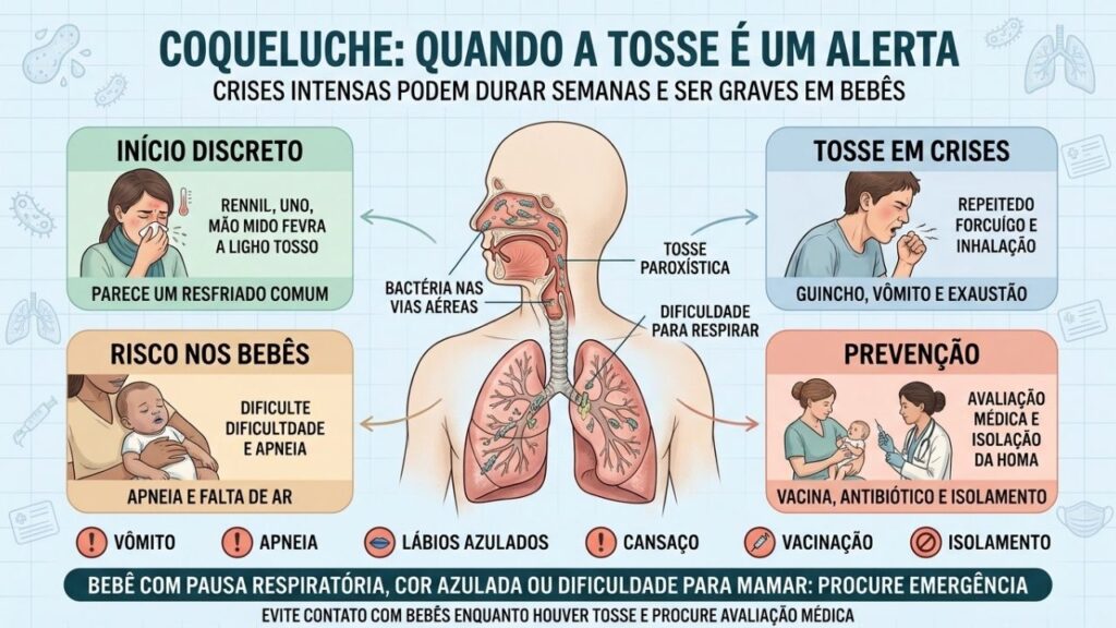 Início discreto, crises intensas, risco infantil e vacinação orientam a prevenção.