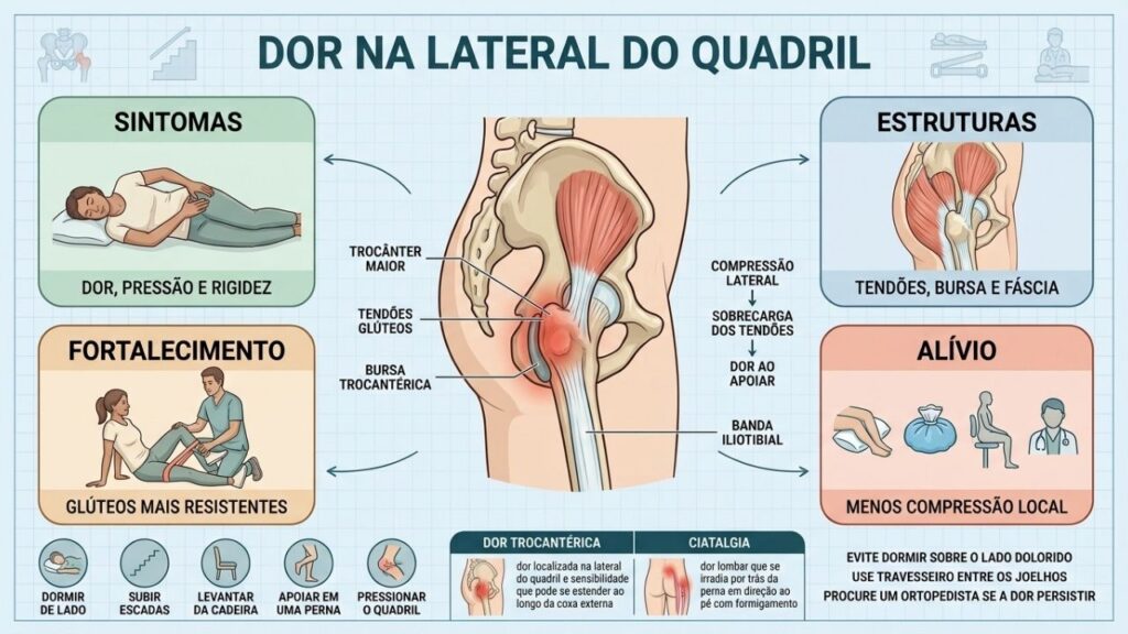 Tendões, bursa, postura e fortalecimento explicam a dor lateral do quadril.