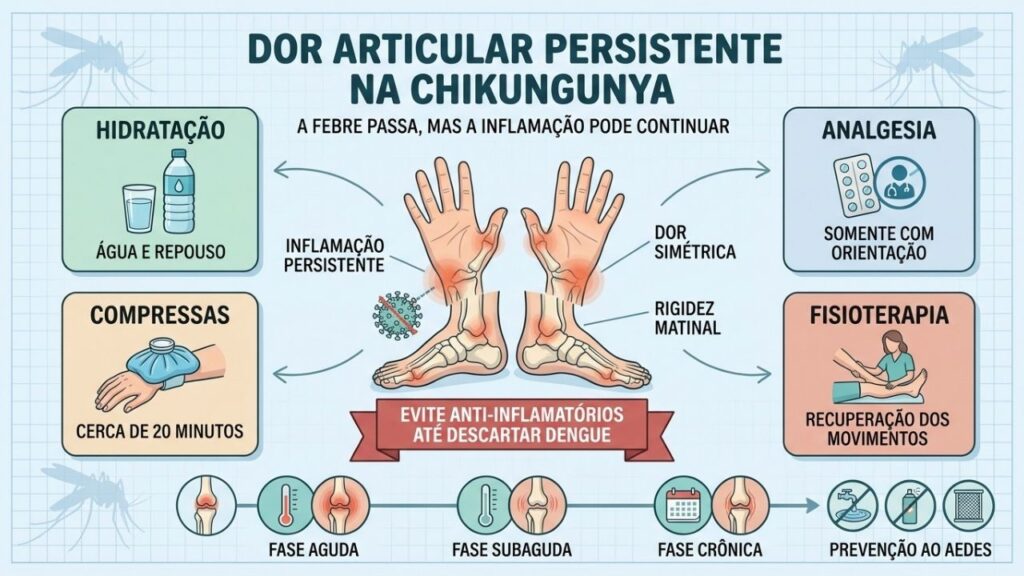 Hidratação, analgesia segura, compressas frias e fisioterapia apoiam a recuperação articular.
