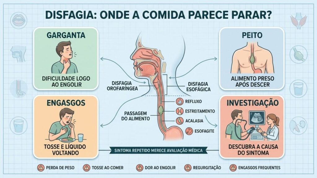 Garganta, peito, engasgos e investigação diferenciam os principais padrões de disfagia.