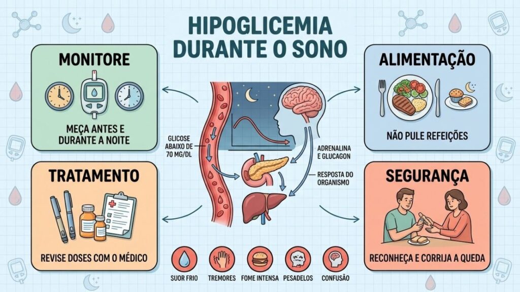 Monitoramento, alimentação, ajuste terapêutico e segurança ajudam a prevenir hipoglicemia noturna.