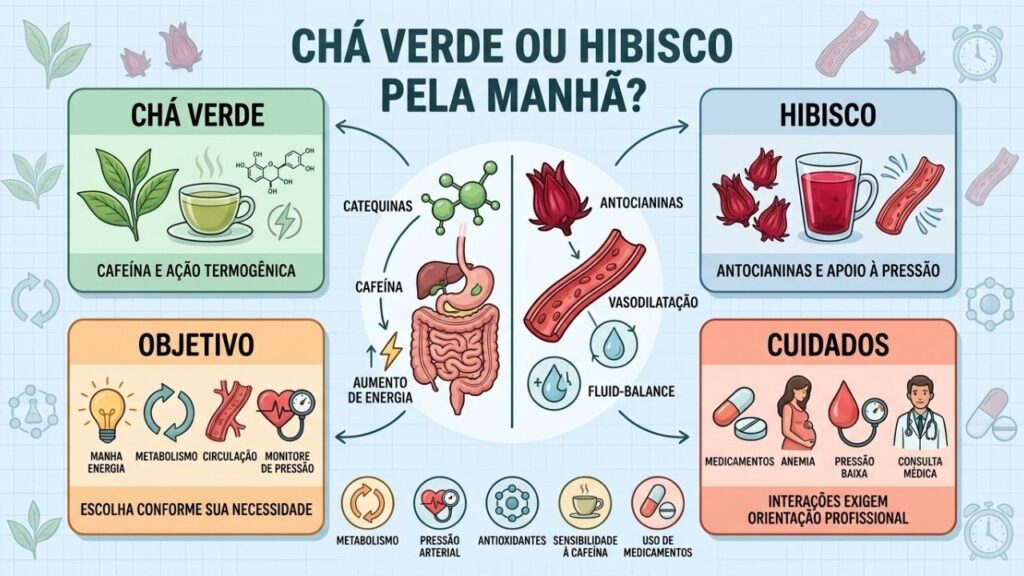 Cafeína, antocianinas, objetivos e interações diferenciam chá verde e hibisco.