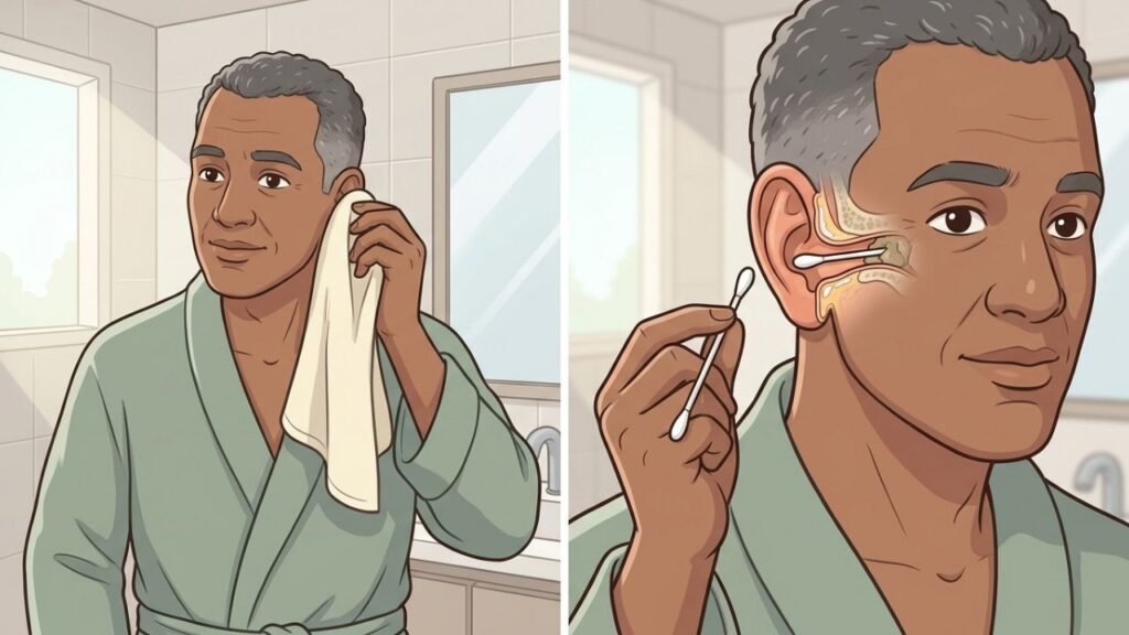 A higiene segura remove apenas a sujeira visível da orelha externa.