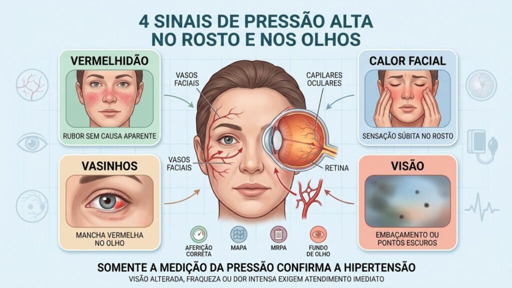 Rosto, olhos, retina e medição ajudam a investigar possíveis picos hipertensivos.