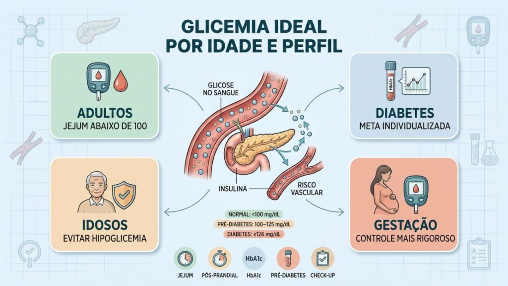 Jejum, pós-prandial e HbA1c orientam metas glicêmicas seguras.