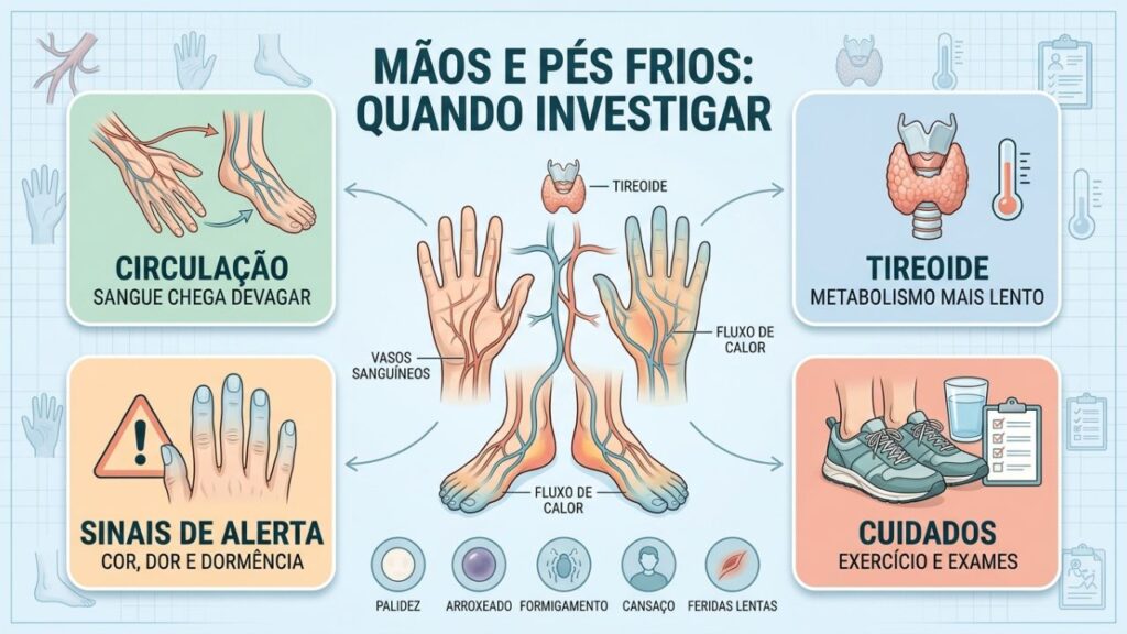 Infográfico relaciona extremidades frias, circulação, tireoide e sinais de alerta.