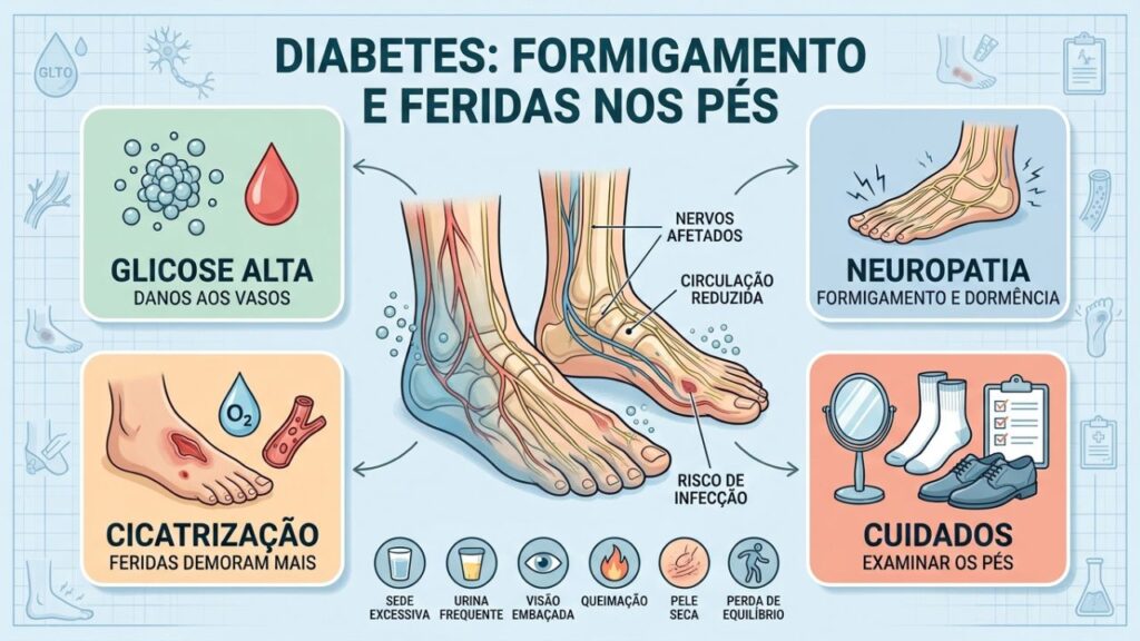 Infográfico mostra glicose alta, neuropatia, cicatrização lenta e cuidados com os pés.