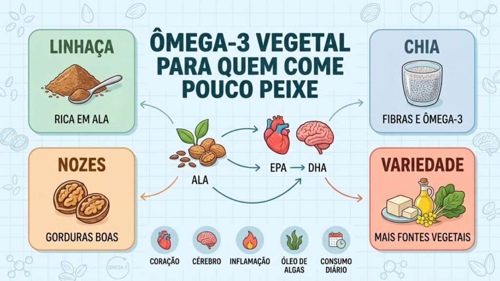 Linhaça, chia, nozes e variedade vegetal apoiam a ingestão de ALA.