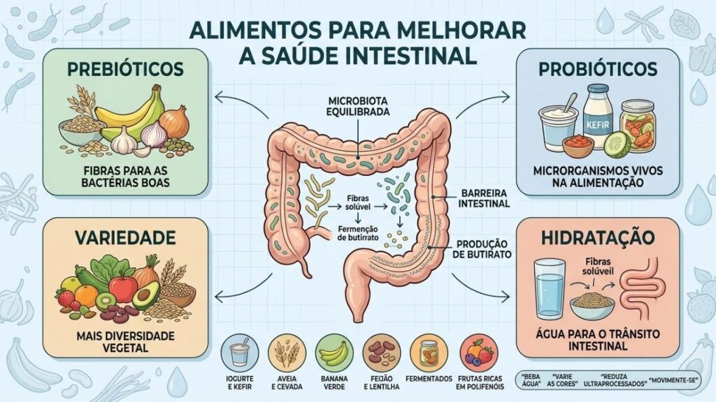 Prebióticos, probióticos, variedade vegetal e hidratação sustentam uma microbiota equilibrada.