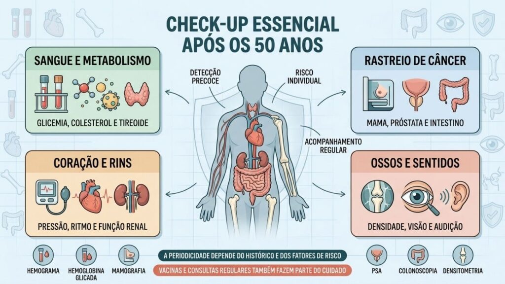 Exames laboratoriais, rastreios, avaliação cardiovascular e densitometria orientam o cuidado após os 50.