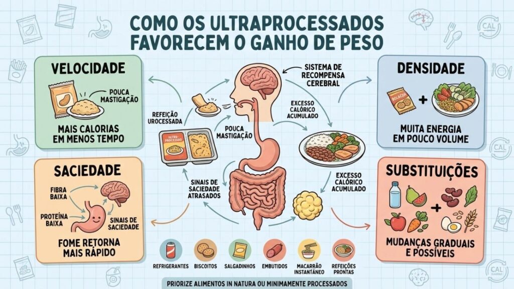 Velocidade, densidade calórica, baixa saciedade e substituições explicam o impacto no peso.