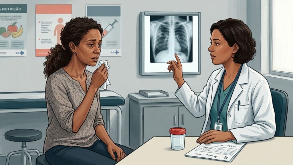 Tosse prolongada com suor noturno e emagrecimento pode indicar tuberculose pulmonar.