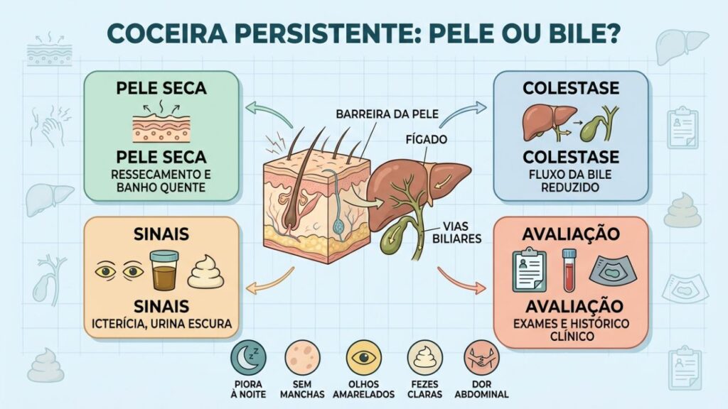 Pele seca, colestase, sinais de alerta e exames orientam a investigação.