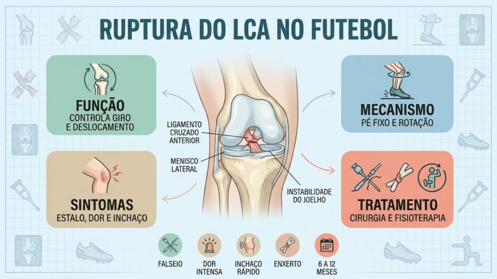 Infográfico explica função do LCA, sintomas, cirurgia e retorno ao esporte.