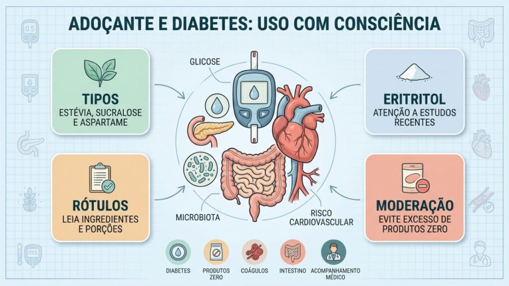 Tipos, rótulos e moderação orientam escolhas mais seguras de adoçantes.