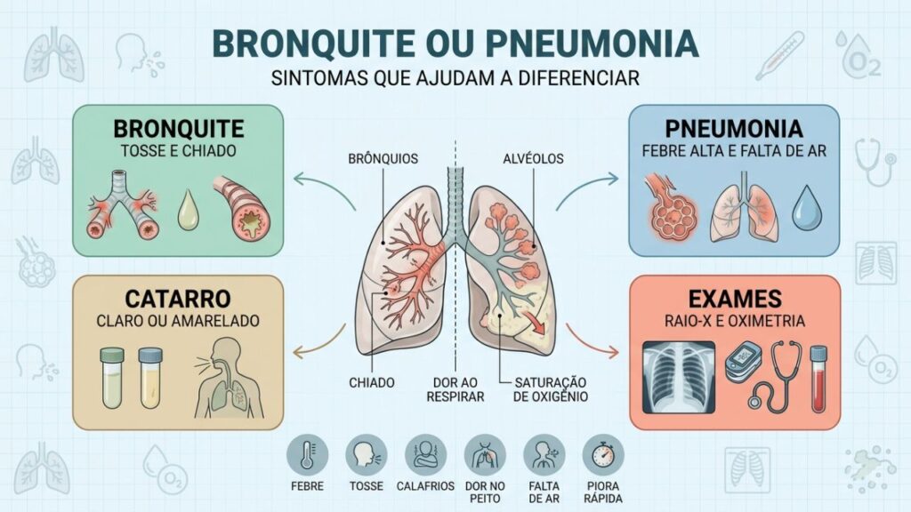Febre, catarro, falta de ar e exames diferenciam bronquite de pneumonia.