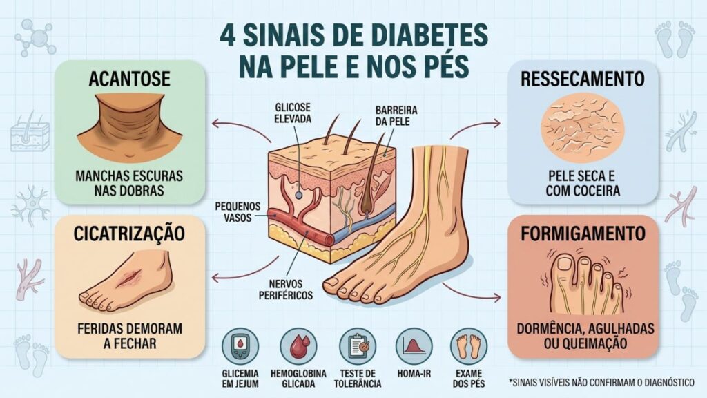 Acantose, ressecamento, cicatrização lenta e formigamento podem revelar alterações glicêmicas.