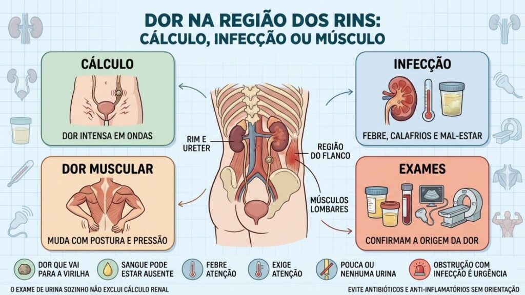 Padrão da dor, febre, postura e exames ajudam a diferenciar as causas.