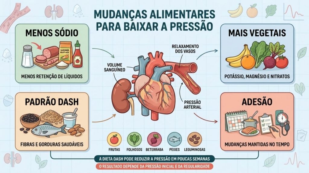 Sódio, vegetais, dieta DASH e regularidade orientam o controle alimentar da pressão.