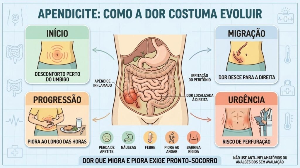 Início, migração, progressão e urgência ajudam a reconhecer a apendicite.