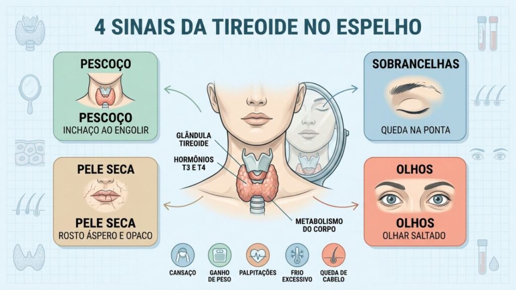 Infográfico mostra quatro sinais visíveis que podem indicar disfunção tireoidiana.