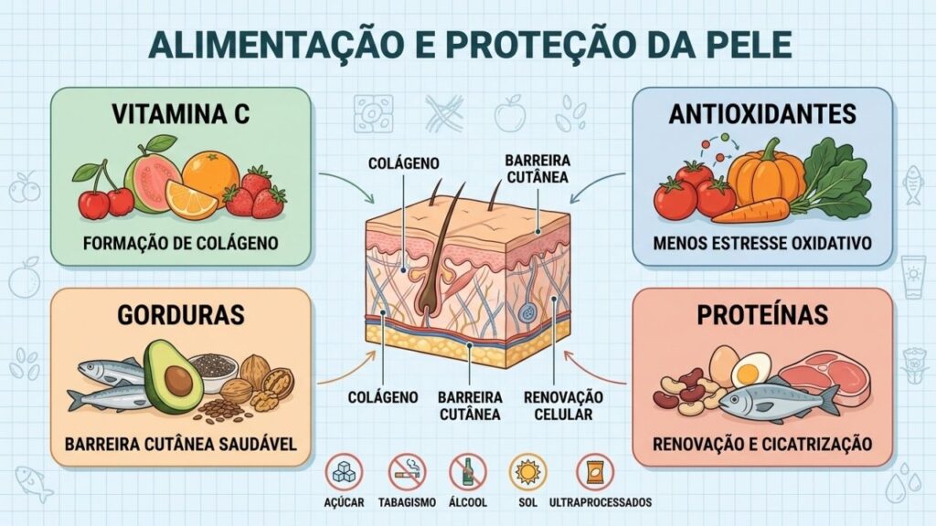 Vitaminas, antioxidantes, gorduras e proteínas sustentam a saúde da pele.