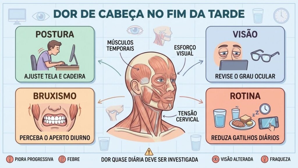 Postura, visão, bruxismo e rotina ajudam a explicar a cefaleia vespertina.