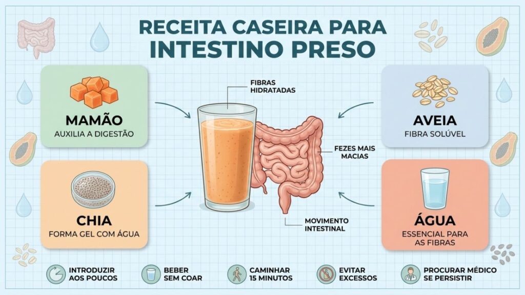 Receita com fibras, hidratação e caminhada favorece o funcionamento intestinal.