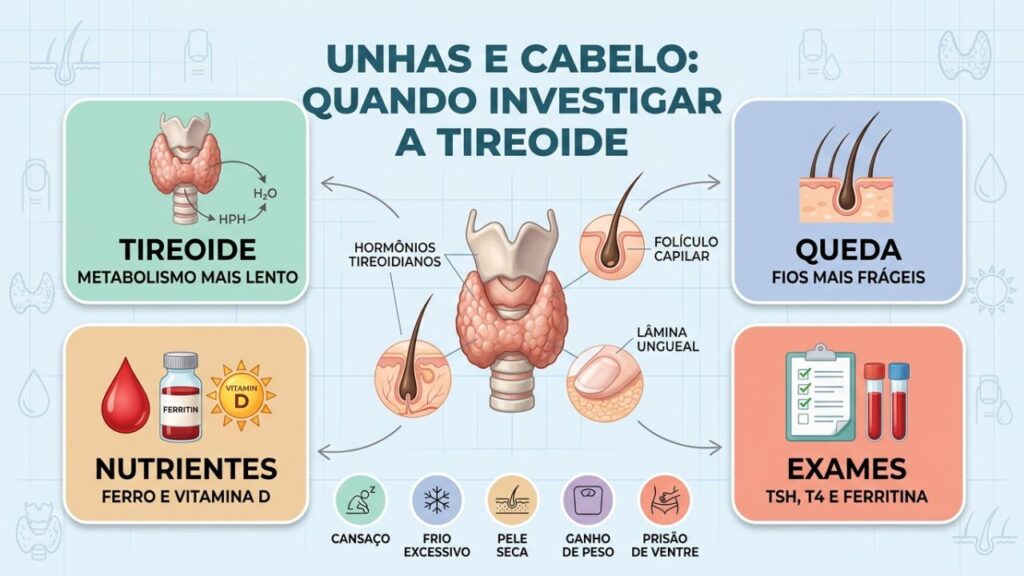 Principais sinais e exames para investigar cabelo, unhas e tireoide.