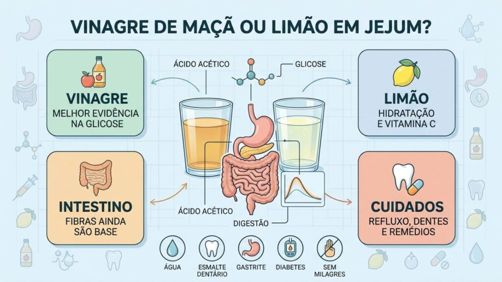 Glicose, intestino e cuidados diferenciam vinagre de limão em jejum.