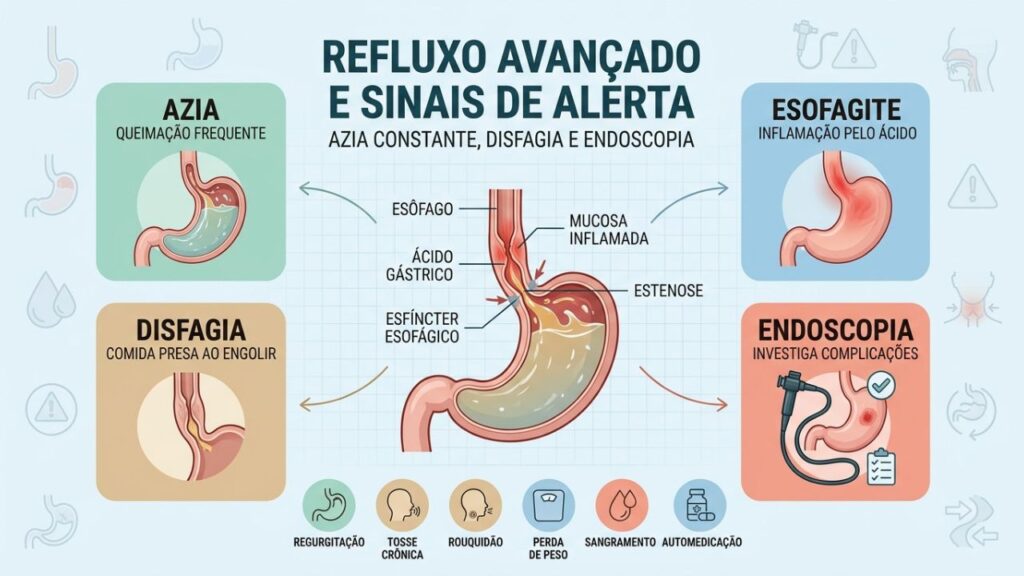 Azia, esofagite, disfagia e endoscopia orientam o cuidado no refluxo.