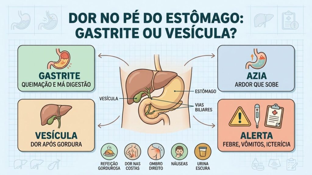 Gastrite, azia, vesícula e sinais de alerta ajudam na diferenciação.