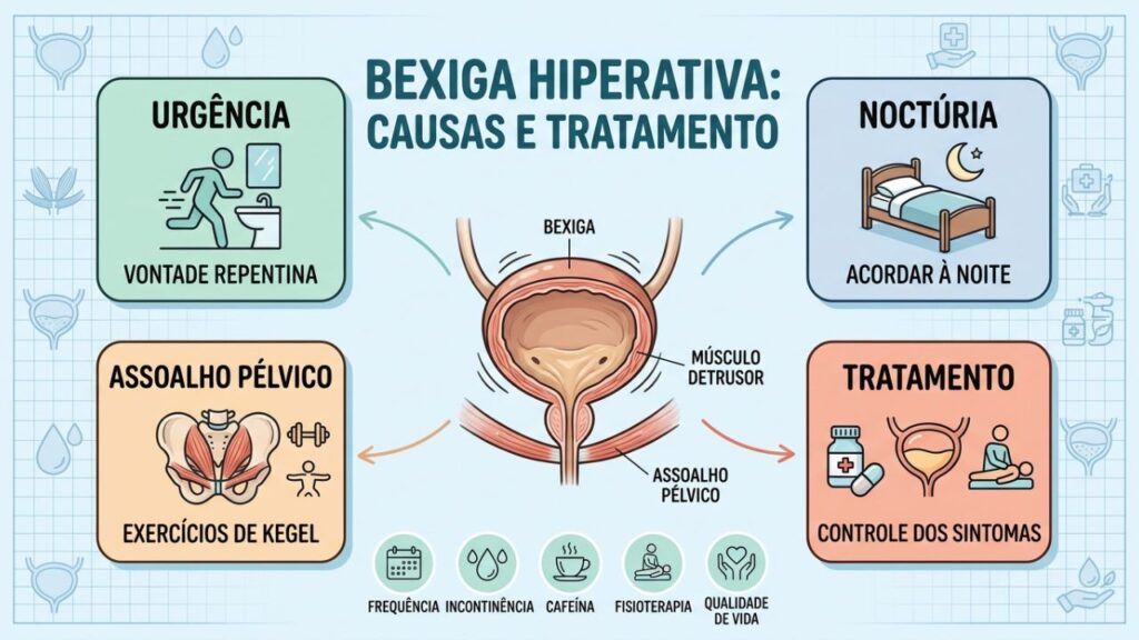 Urgência, noctúria e fortalecimento pélvico fazem parte do manejo da condição.