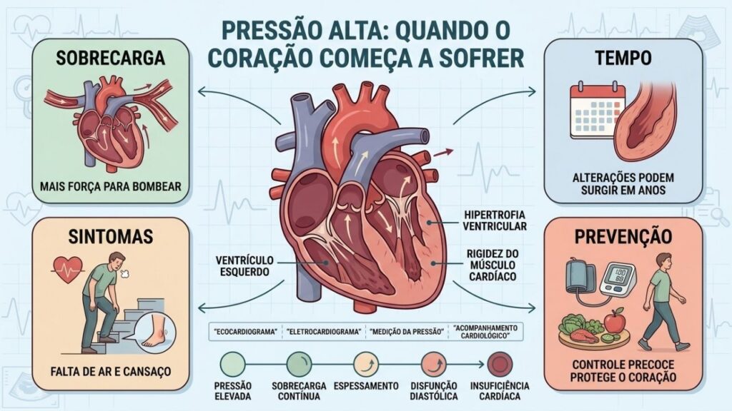 Sobrecarga, tempo, sintomas e exames mostram a progressão do dano cardíaco.