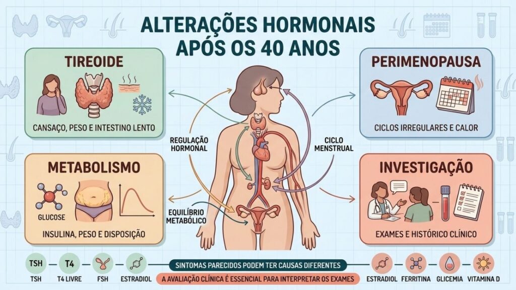 Tireoide, perimenopausa, metabolismo e exames orientam a investigação hormonal após os 40.