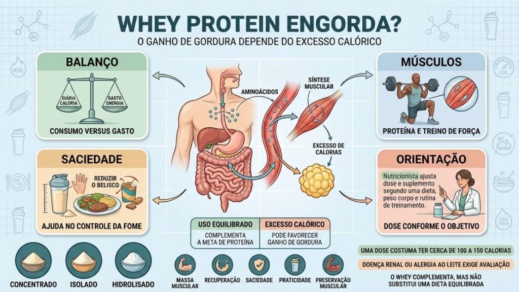 Balanço calórico, treino, saciedade e orientação definem os efeitos do whey.