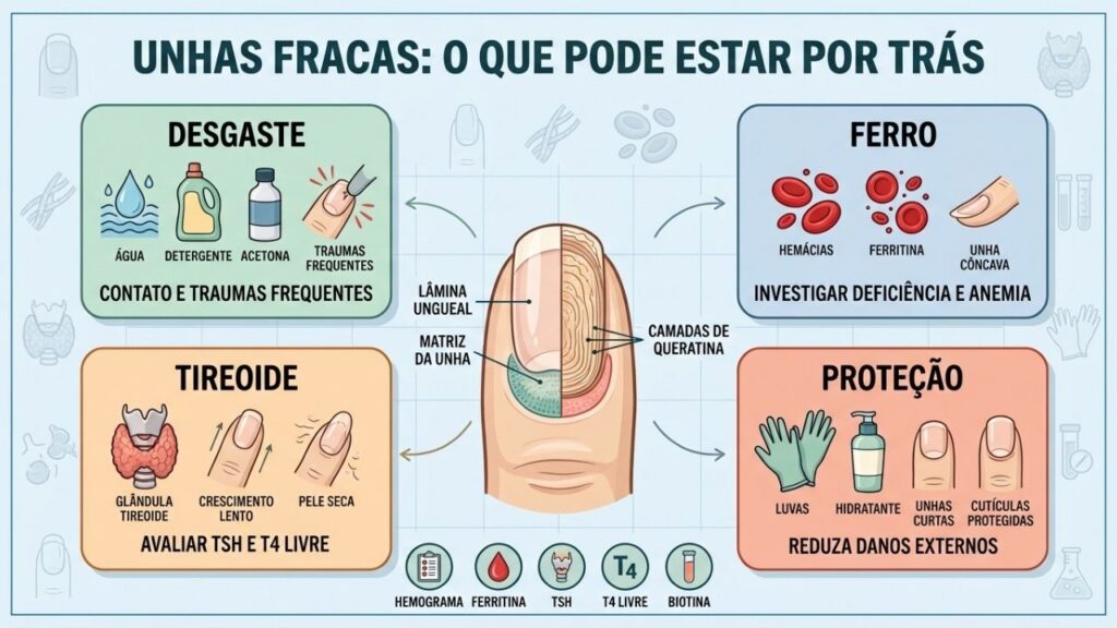 Desgaste, ferro, tireoide e proteção ajudam a explicar a fragilidade ungueal.