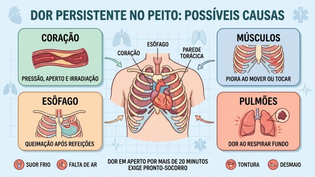 Coração, músculos, esôfago e pulmões exigem avaliação conforme os sinais associados.