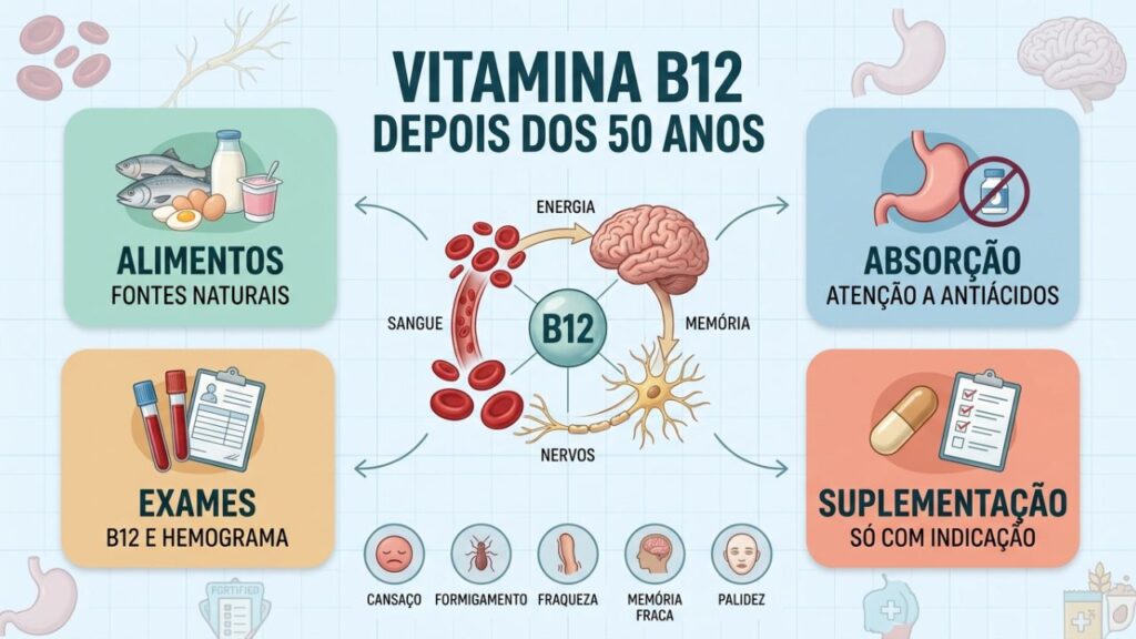 Quatro cuidados essenciais para consumir vitamina B12 com segurança após os 50.
