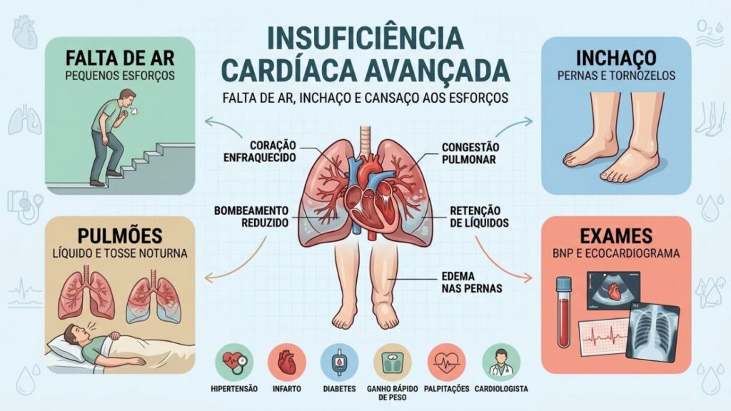 Falta de ar, edema, pulmões e exames orientam a insuficiência cardíaca.