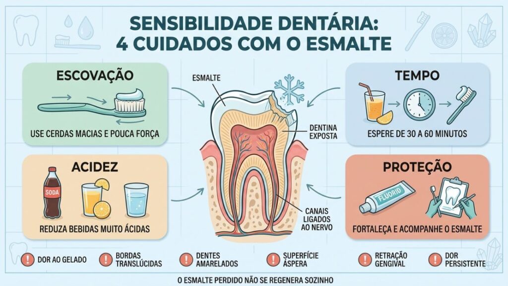 Escovação suave, controle da acidez, espera e flúor protegem o esmalte.
