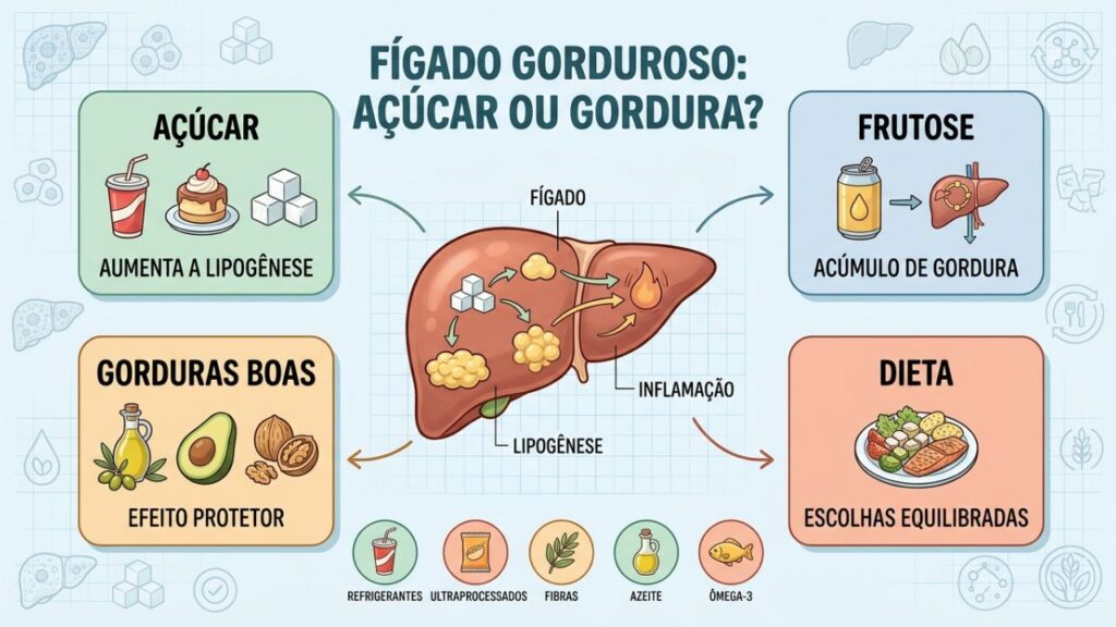 Reduzir açúcar e priorizar gorduras boas favorece a saúde hepática.