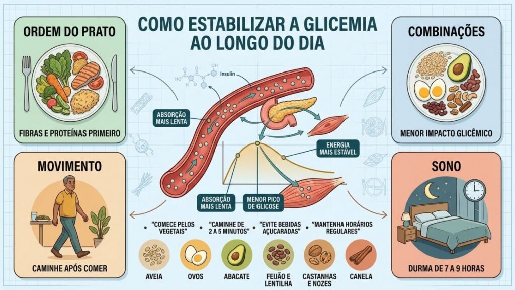 Ordem do prato, alimentos estratégicos, caminhada e sono favorecem estabilidade glicêmica.