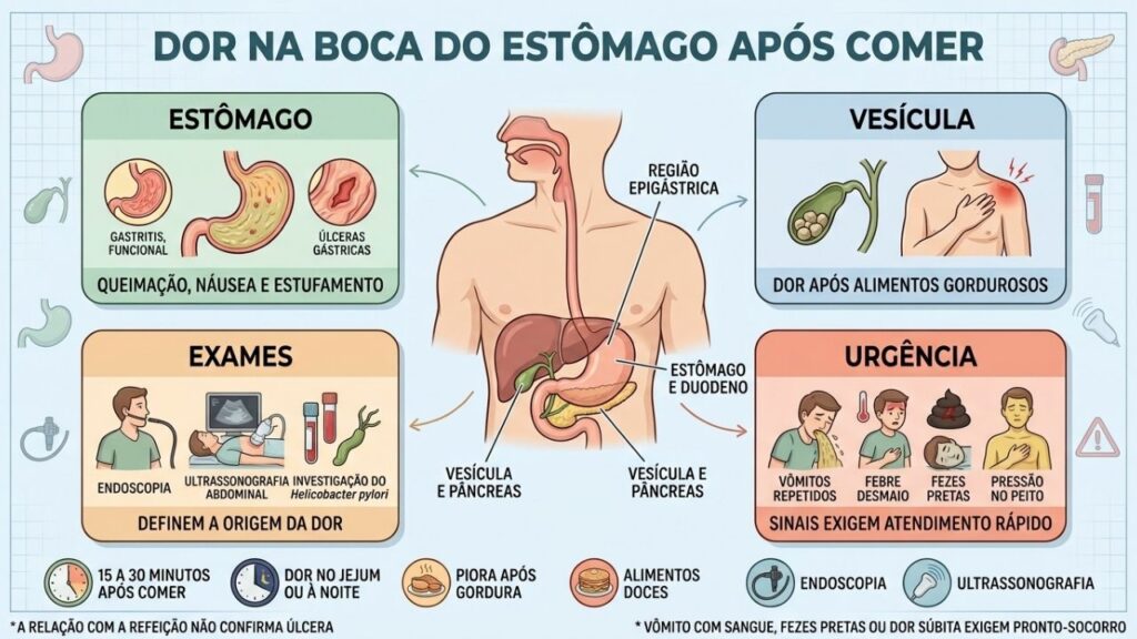 Estômago, vesícula, exames e sinais de urgência orientam a investigação.